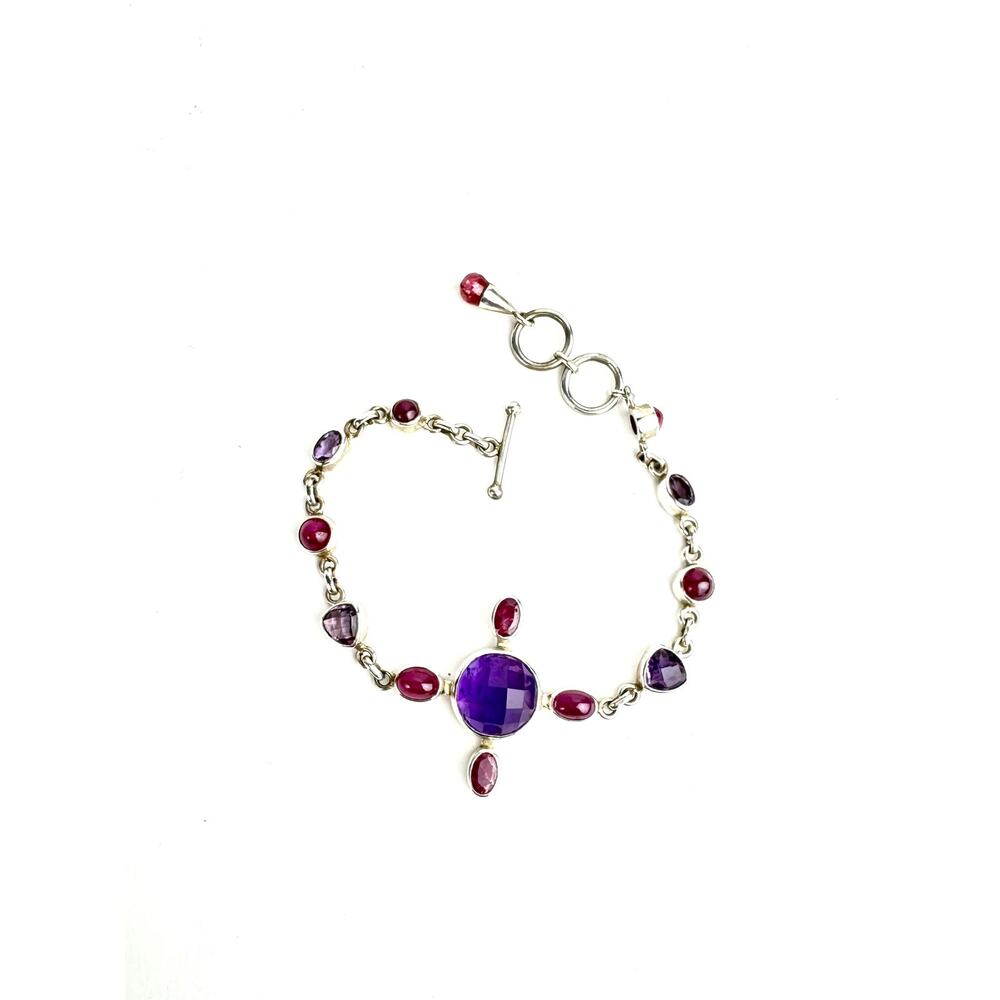 Amethyst Pink Tourmaline Indian Ruby Bracelet Adjustable 6" - 6.5"